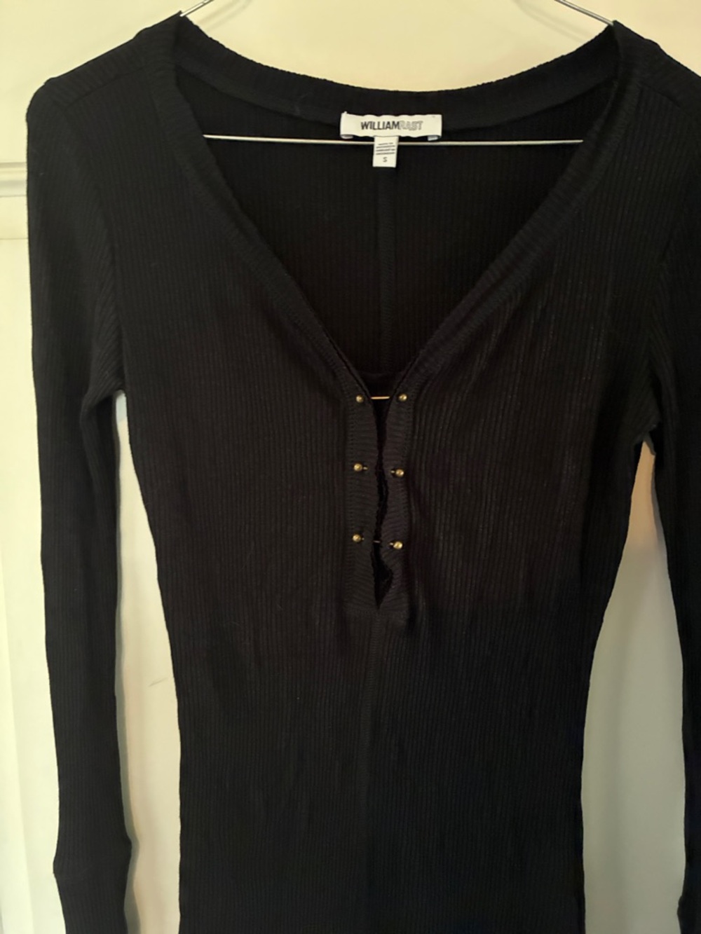 William Rast Black Ribbed Long Sleeve Henley with Gold-Tone Hardware
